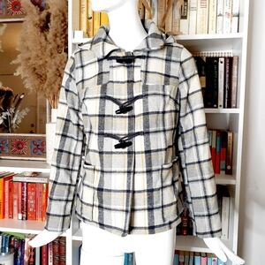 OLD NAVY plaid pea COAT jacket hoodie hood toggle fasteners zip up Z63